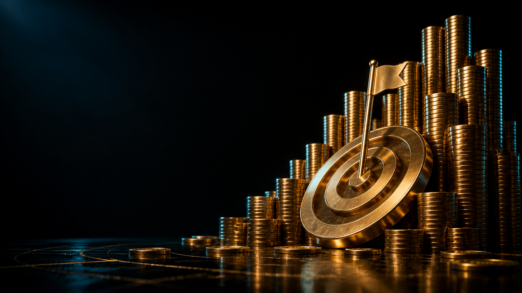 黑色背景中由金币和金色目标组成的夸张目标视觉